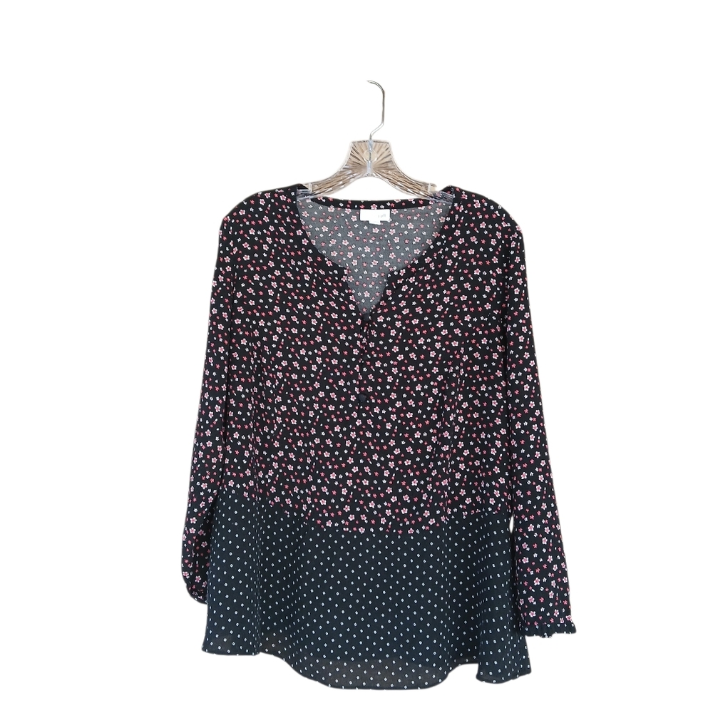 J. Jill Black Floral & Polka Dot Long Sleeved Rayon Blouse Size 1X